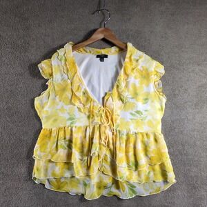 Haver London Womens XL Floral Ruffle V Neck Peplum Blouse Top